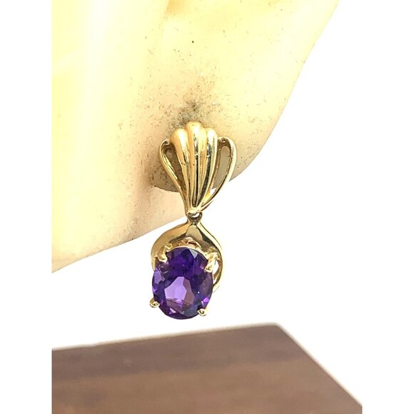 14k Yellow Gold Oval Purple Gemstone Women's Dangle Earrings Estate Jewelry - Picture 7 of 14